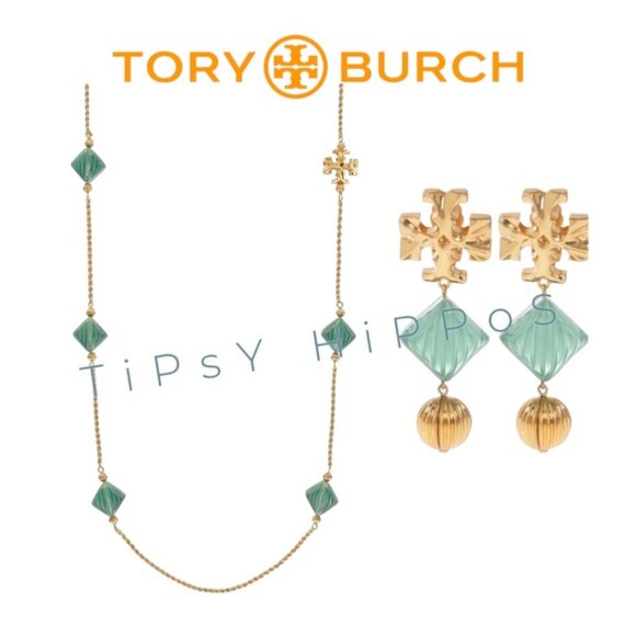 Tory Burch Gold & Green Earrings & Necklace Set Sparkle Like a Fancy Leprechaun - Picture 1 of 9